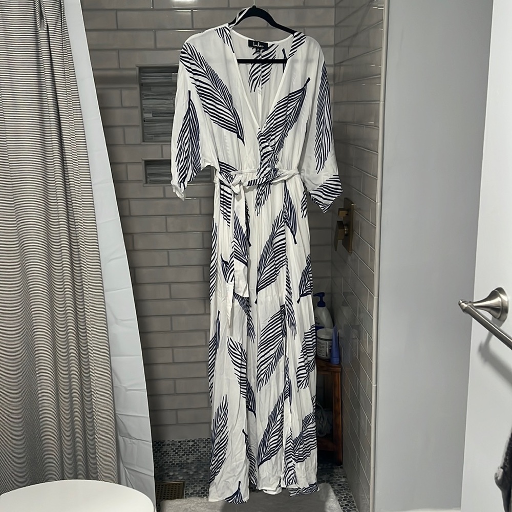 White and Navy leaf print maxi